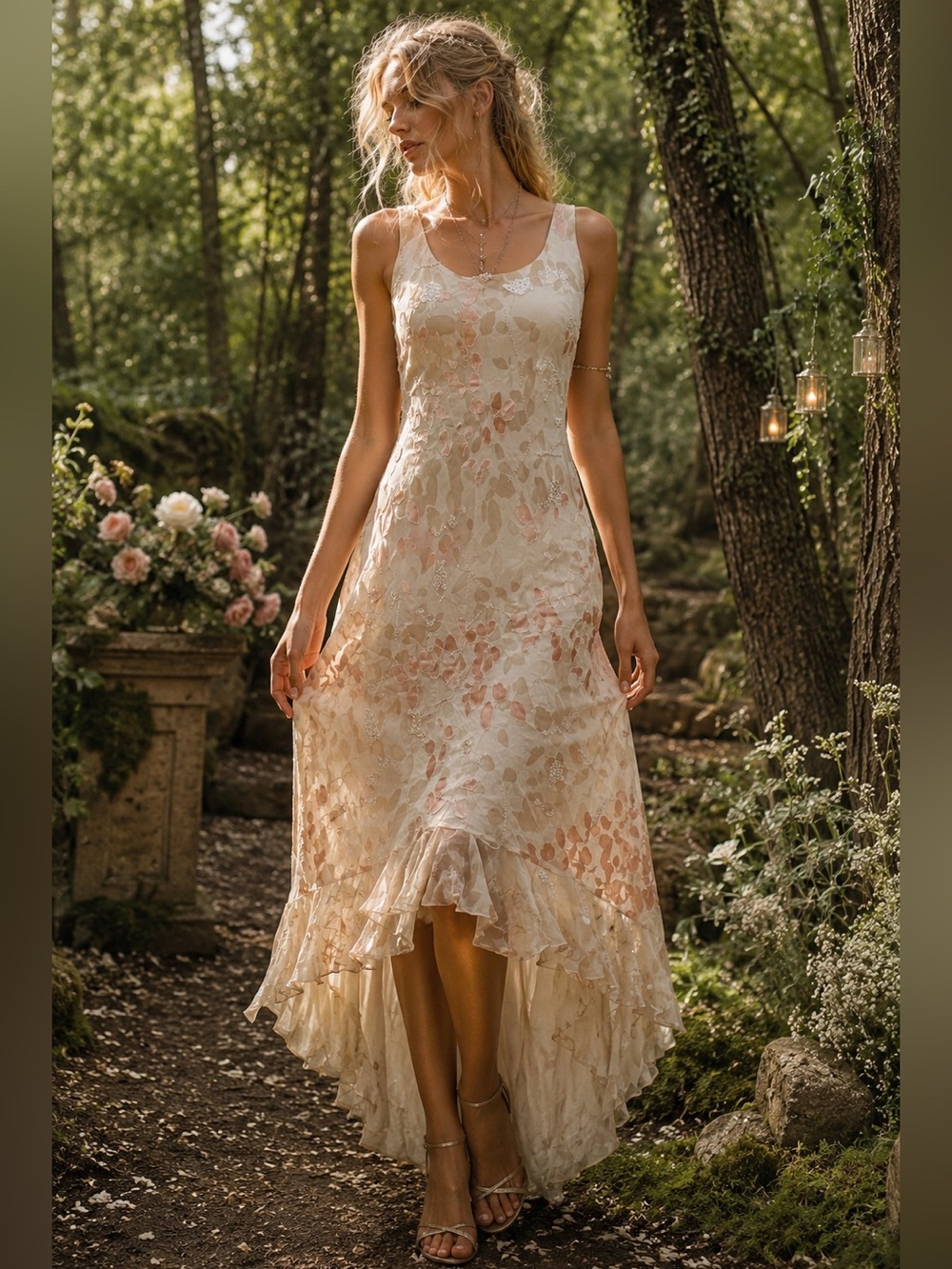 Alex Evenings Ivory Size 8 Silk Velvet Burnout Dress Fairycore Beaded High Low